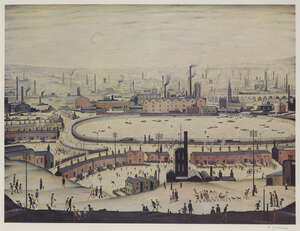 
	
		Laurence Stephen Lowry RBA RA, 
		British 1887-1976-
		 
		The Pond, 1974;
		 
		offset...