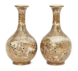 
	
		A pair of Japanese miniature Satsuma bottle vases by Hattori, late 19th century, finely...