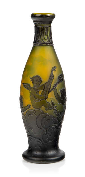 
	
		Muller Freres (French), a cameo glass vase decorated with putti,
		c.1910, signed in...