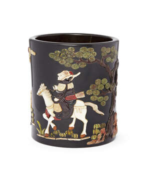 
	
		A Chinese black lacquer and inlaid brush pot, late Qing dynasty, inlaid with soapstone,...