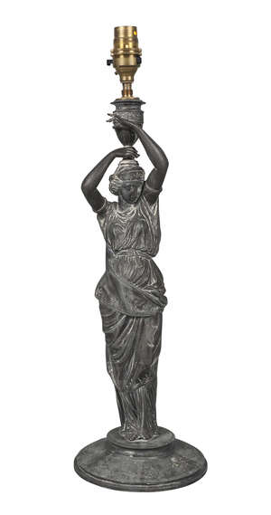 
	
		A spelter figural candlestick, late 19th century, modelled in the form of a classical...