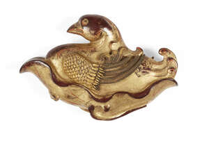 
	
		A Chinese gilt lacquered silver mounted wood duck carving, late Qing dynasty, the duck...