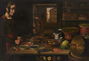 Manner of Joachim Beuckelaer, 
		 
		early 19th Century- 
		 
		Preparing food in the kitchen; 
		 
		oil on canvas, 103 x 147 cm. 
		 
		Provenanc