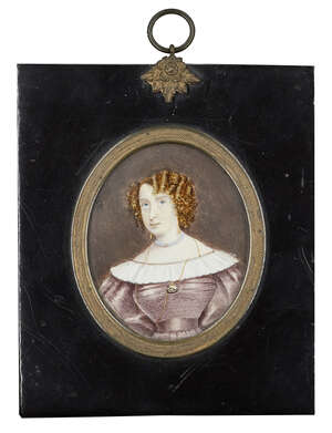 
	
		Manner of John Hoskins, 
		 
		A portrait miniature of a lady, quarter-length in a...