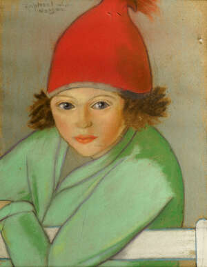 
	
		Raphael Nelson, British act. circa 1898-1925- The Red Cap, 1925; pastel, signed, 44.5x34.5cm:...