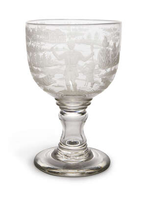 
	
		An English engraved Hunting glass goblet, 18th century, engraved with a continuous...