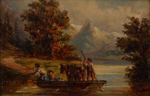 
	
		British School, mid 19th century- Figures ferrying three horses across a river; oil on...