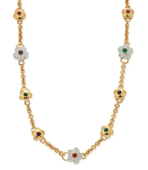 A diamond and gem-set necklace, composed of floral links, each set with either ruby, sapphire,...