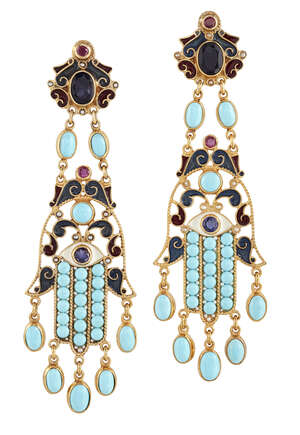 
	
		A pair of Hamsa design turquoise and iolite vermeil drop earrings, by Percossi Papi, 