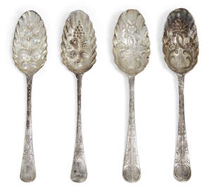 
	
		Four Georgian silver berry spoons, comprising a pair of George II spoons, London, c.1735,...