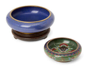 
	
		Two Chinese cloisonné enamel circular bowls, 20th century, the smaller bowl decorated...