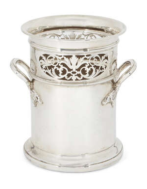 
	
		A tall silver bottle coaster by Mappin & Webb, Sheffield, c.1949, of cylindrical form...
