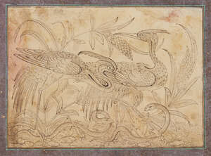 
	
		A Qajar ink drawing of two cranes in the Safavid style, Iran, early 19th century, ink and...