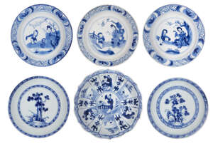 Six Chinese porcelain small dishes, 18th century, each painted in underglaze blue, three with a woman and dancing boy, two excavated from the Nanking cargo dec