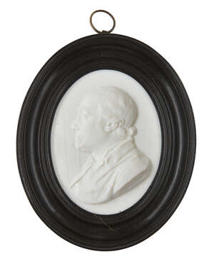 
	
		Manner of James Tassie, Scottish, 1735-1799, a white paste portrait relief of John...