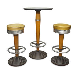 
	
		Designer Unknown, 
		 
		Art Deco café table and two stools, circa 1950, 
		Cast iron,...