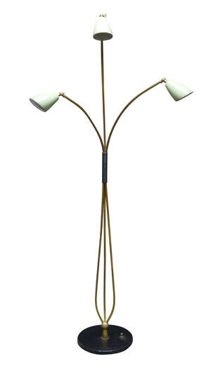 
	
		French, a three light standard lamp, 
		c.1950,
		With three curved brass arms,...