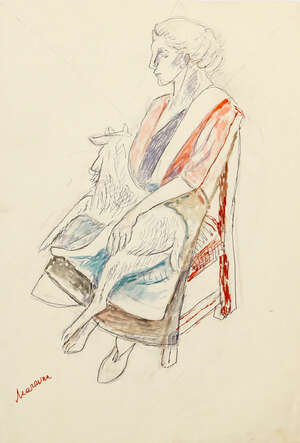 
	
		Marie Vorobieff Marevna, Russian 1892-1984- A woman with a goat; black ink, gouache, wash...