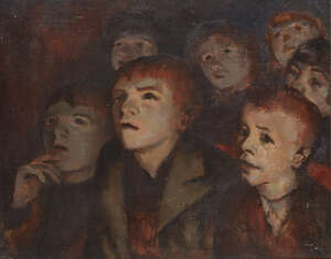 
	
		Morris Kestelman, 
		British 1905-1998-
		 
		Boys at Cinema;
		 
		oil on canvas...