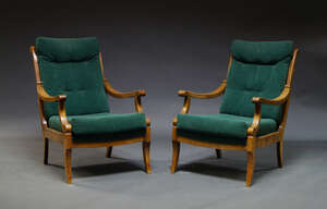 
	
		A pair of stained beech armchairs, second half 20th Century, with green upholstered...