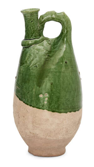 
	
		A Chinese pottery flask, Liao dynasty, modelled imitating a leather original, with an...