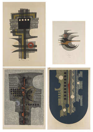 
	
		Fumio Fujita, 
		Japanese b.1933- 
		 
		Bird Monument, 1964; Mask, 1965; Bird C, 1970; and Work...
