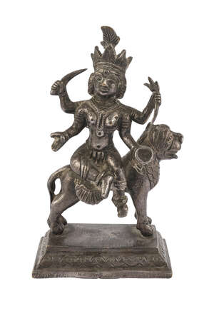 
	
		A silvered metal figure of Durga, India, 19th century, on a rectangular base, depicted...