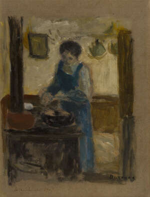Eugène Antoine Durenne, 
French 1860-1944- 
 
La Cuisine; 
 
oil and watercolour on paper laid down on canvas, signed lower right 'Durenne', titled and date