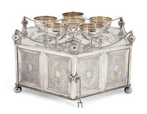 A modern Israeli Seder set, by Hazorfim, stamped 925, comprising a hexagonal Matzah box with two...