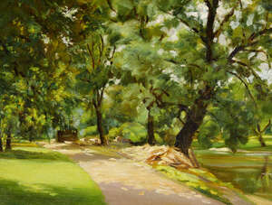 
	
		Raphael Roussel, 
		British 1883-1967- 
		 
		Riverside path with woodland on a...