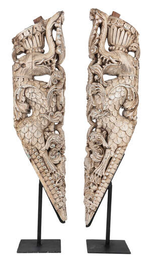 
	
		Two Yali carved wood architectural brackets, South India, 19th century, carved in the...