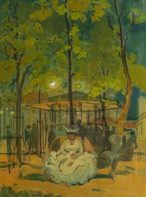 
	
		Circle of George Stein, 
		French 1870-1955- 
		 
		Lady seated by a pagoda in a...