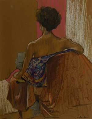 Ann Hewson, 
		British 1933-2015- 
		 
		Seated female nude; 
		 
		pastel and black chalk on brown buff, signed in black chalk, 45x35cm (ARR)