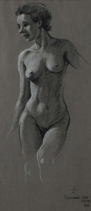 British School,
mid 20th century-
 
Nude figure study; 
 
charcoal and white chalk, inscribed 'Toynbee Art Club', dated 40, and initialled 'JC [?]', 38.3x17c