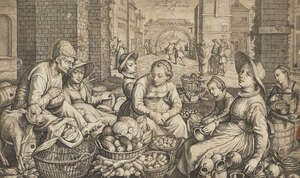 Jacob Matham, 
		Dutch 1571-1631- 
		 
		Market Scene in City with the Parable of the Labourers in the Vineyard in the Background [New Hollstein 158], afte