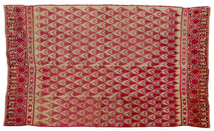 
	
		A red embroidered silk Phulkari, Sindh, 19th century, decorated in black, red, green and...