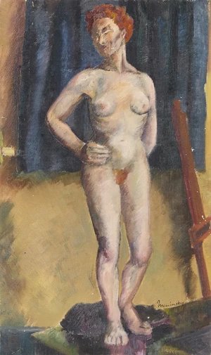 Bernard Meninsky,&nbsp;British 1891-1950 -&nbsp;Standing female nude study;&nbsp;oil on oil paper, signed lower...