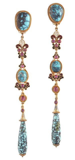 
	
		A pair of matrix turquoise, red gem and seed pearl long drop vermeil earrings, by...