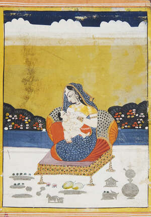 
	
		A courtesan breast feeding a child, Kishangarh, India, 19th century, opaque pigments on...