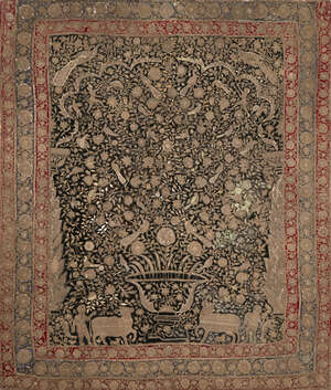 
	
		A Mughal gilt-metal thread embroidered velvet panel, India, late 18th-early 19th century,...