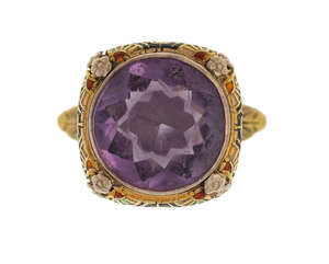 
	
		An amethyst ring, collet set with a circular-cut amethyst to a foliate enamel decorated...