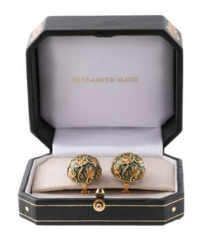 
	
		A pair of 18ct gold and enamel earrings, by Elizabeth Gage, of green enamel decorated...