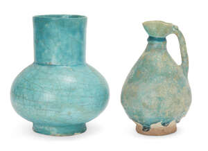 
	
		Two turquoise glazed pottery vessels, Iran, 12th - 13th century, the first of baluster...