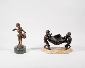 After Auguste Moreau (French, 1834-1917), a bronze figure of a cherub playing a drum, bears...