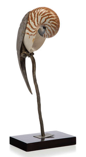
	
		Gabriella Binazzi, (Italian), a white metal parrot with a nautilus shell head, 
		
