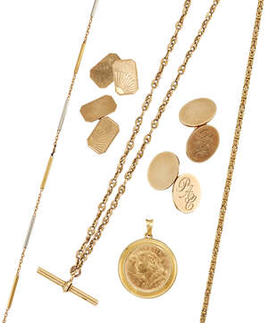 
	
		A group of jewellery, comprising: a two pairs of 9ct gold cufflinks, one of oval panel...