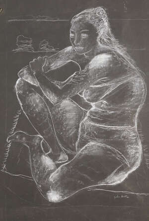 
	
		John Hutton (1906-1978)
		Girl on Beach, c. 1969, signed
		Chalk on black paper, girl...