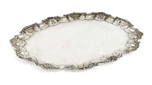 
	
		An Egyptian silver tray, c.1960, with purity mark for 800 silver, the tray of oval form...