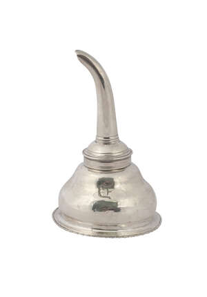 A George III silver wine funnel, London c.1772, Thomas Ellis, the strainer with rope twist rim, above tapering spout, the bowl with engraved initial D, 10.8cm,