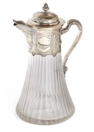 A French silver gilt mounted glass ewer, Paris, Joseph Alexandre Martel (1888-1914), the fluted,...